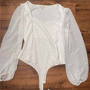Moa Moa Ivory Bodysuit with Sheer Polka Dot Sleeves